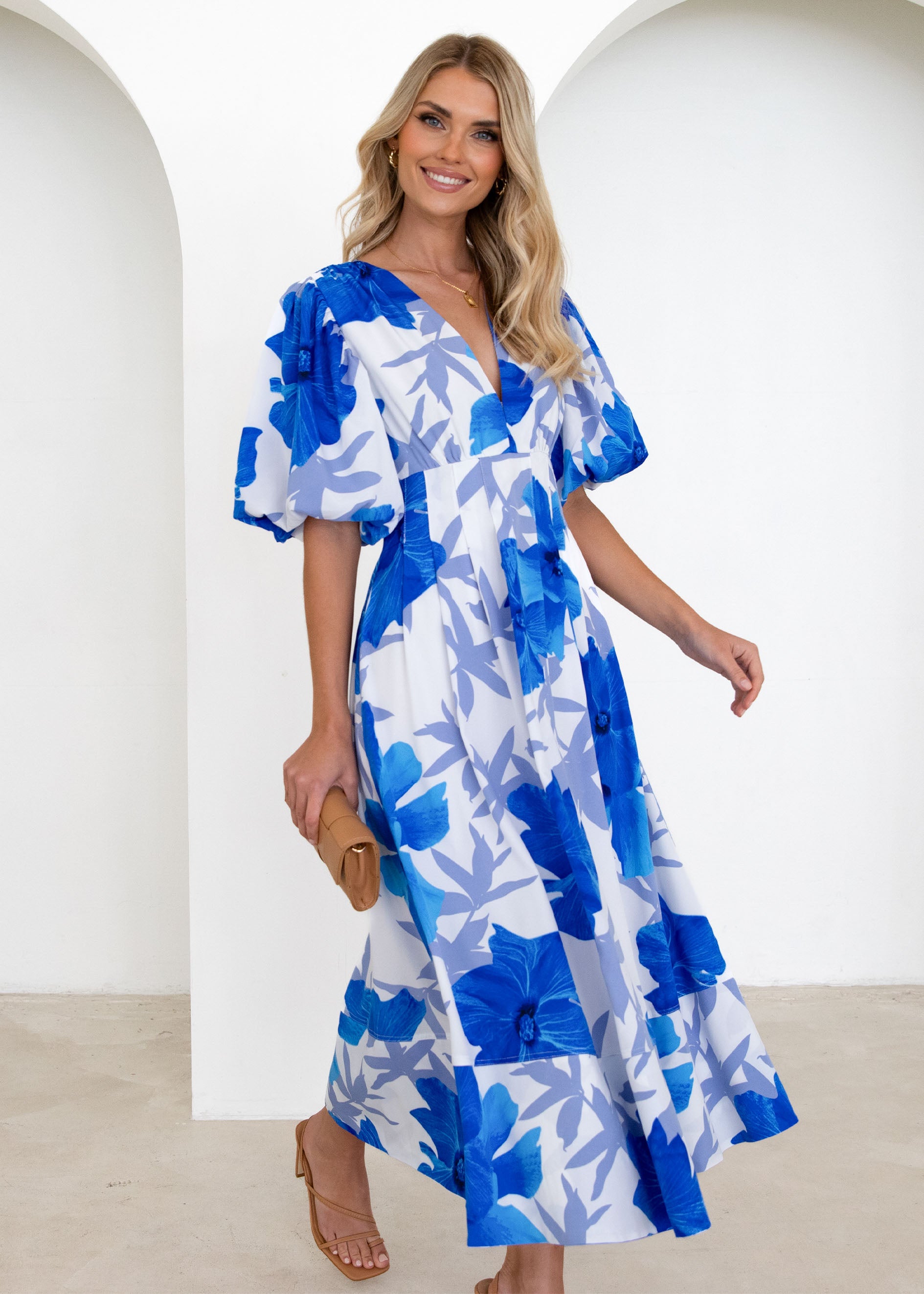 Madelaine Midi Dress - Blue Floral