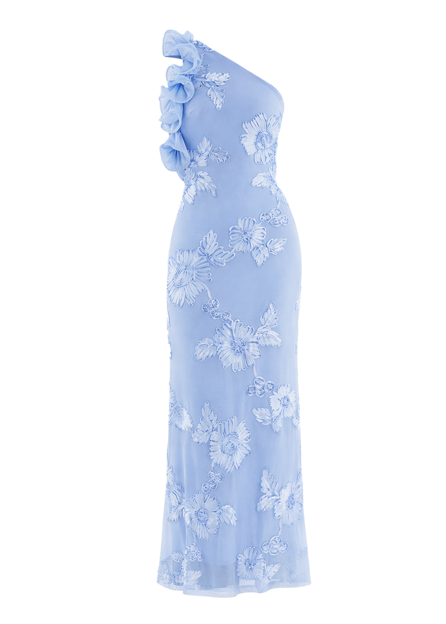 Trilby One Shoulder Mesh Maxi Dress - Blue Floral
