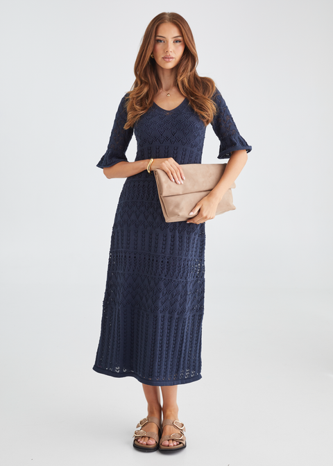 navy crochet midi dress Estrela Crochet Midi Dress