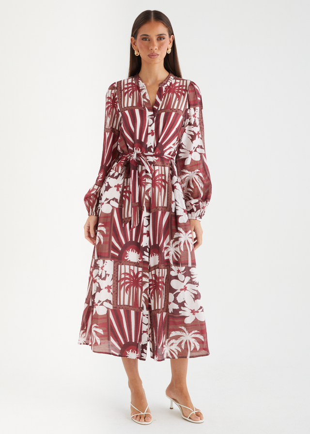 Valence Midi Dress - Burgundy Palms