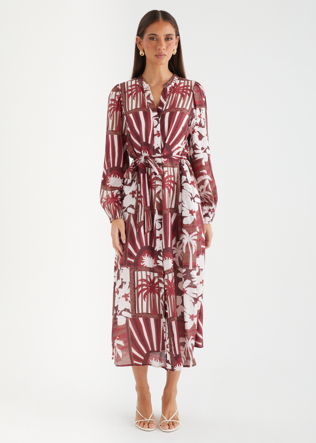 Valence Midi Dress - Burgundy Palms