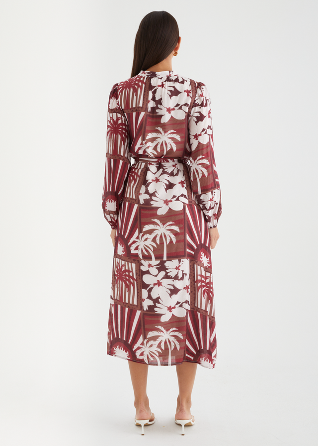 Valence Midi Dress - Burgundy Palms