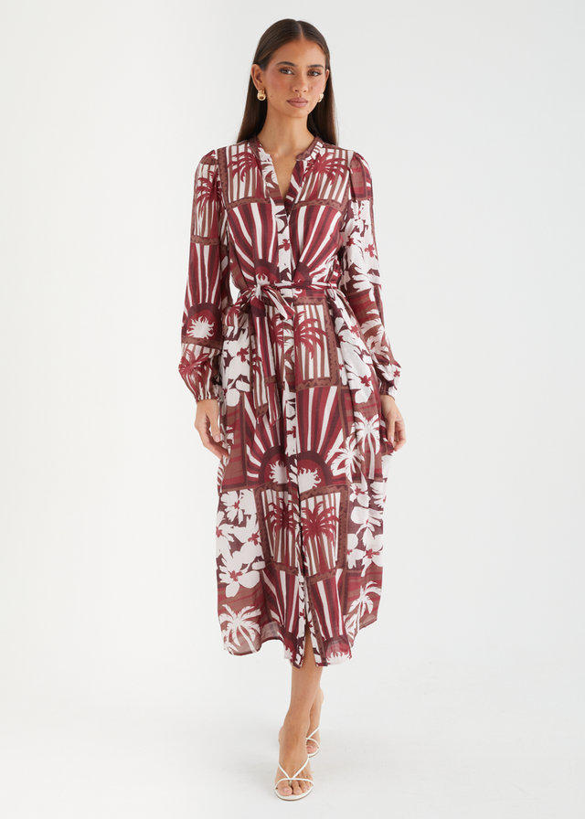 Valence Midi Dress - Burgundy Palms