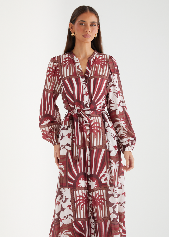 Valence Midi Dress - Burgundy Palms