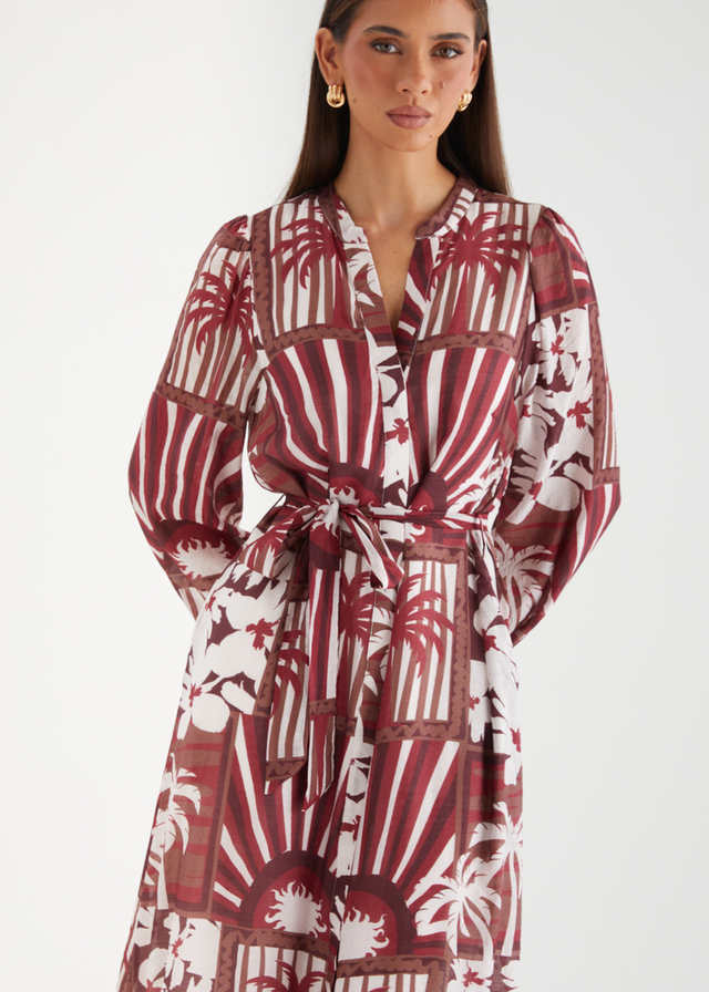 Valence Midi Dress - Burgundy Palms