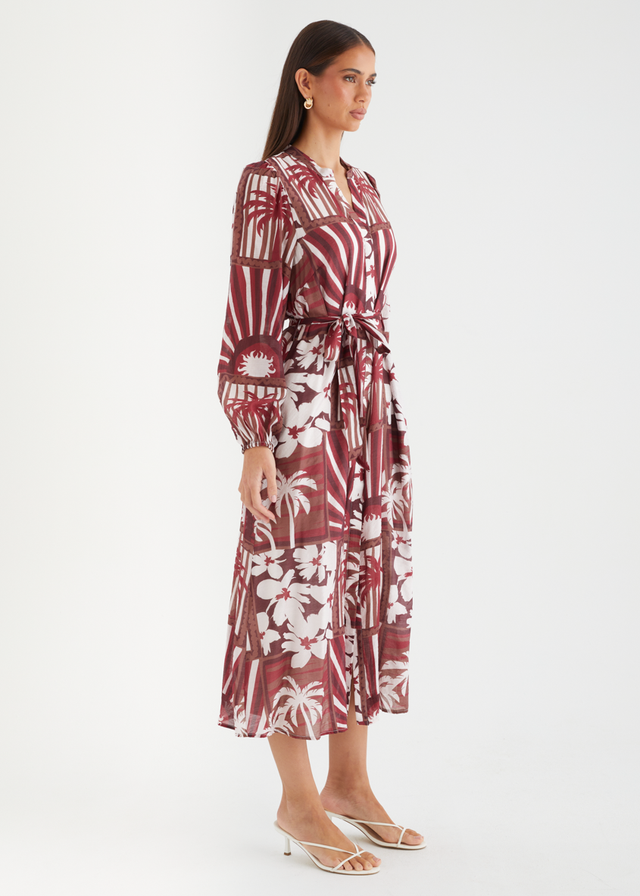 Valence Midi Dress - Burgundy Palms