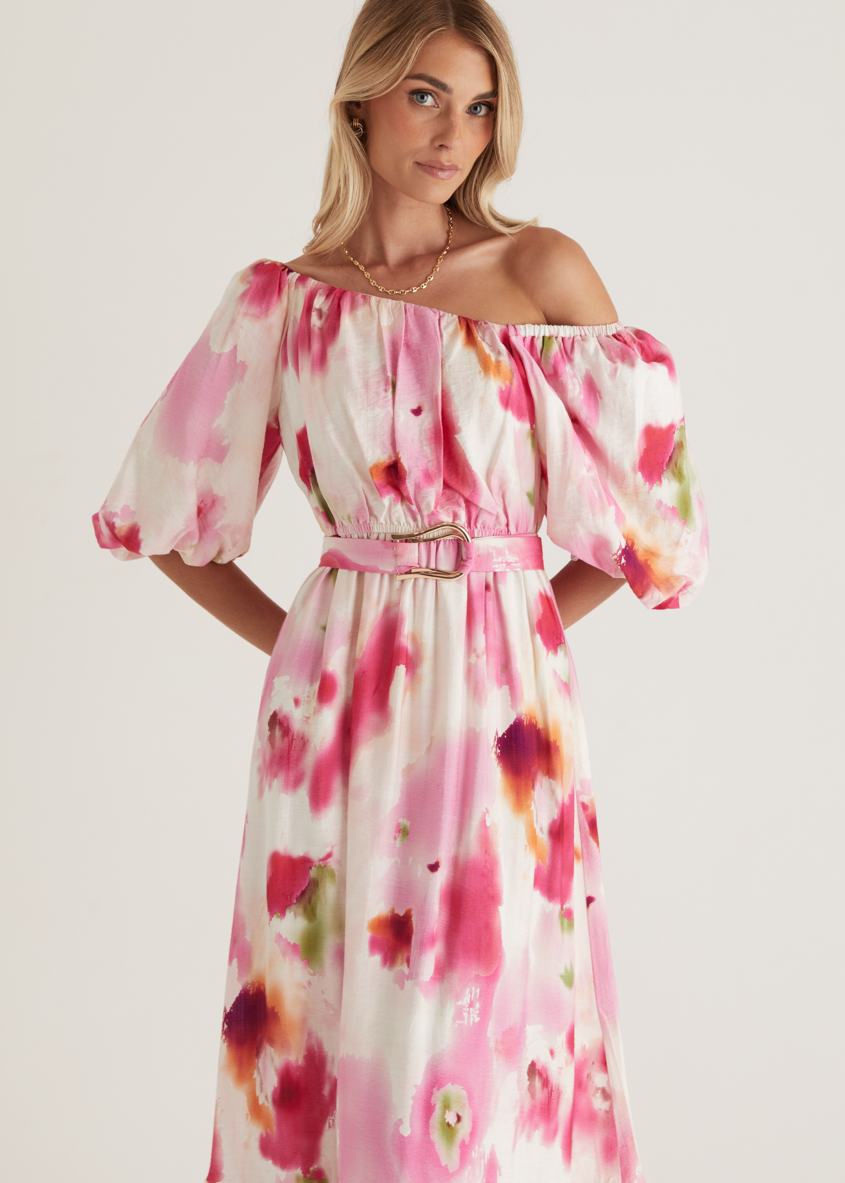 Elma Dress in Pink with Multi Watercolour Floral