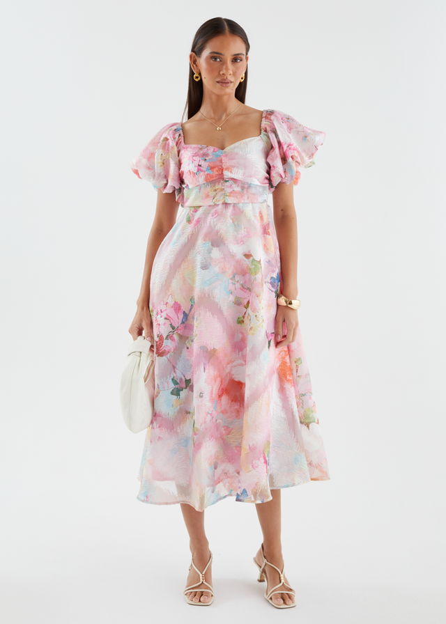 Massie Midi Dress - Pink Watercolour