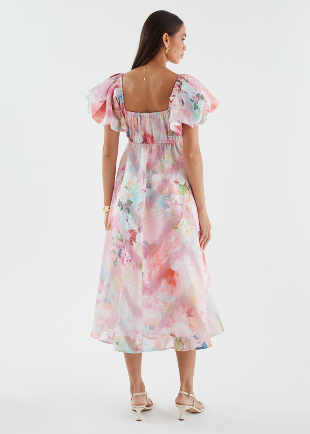 Massie Midi Dress - Pink Watercolour