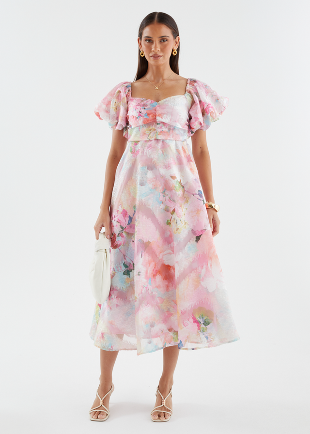 Massie Midi Dress - Pink Watercolour
