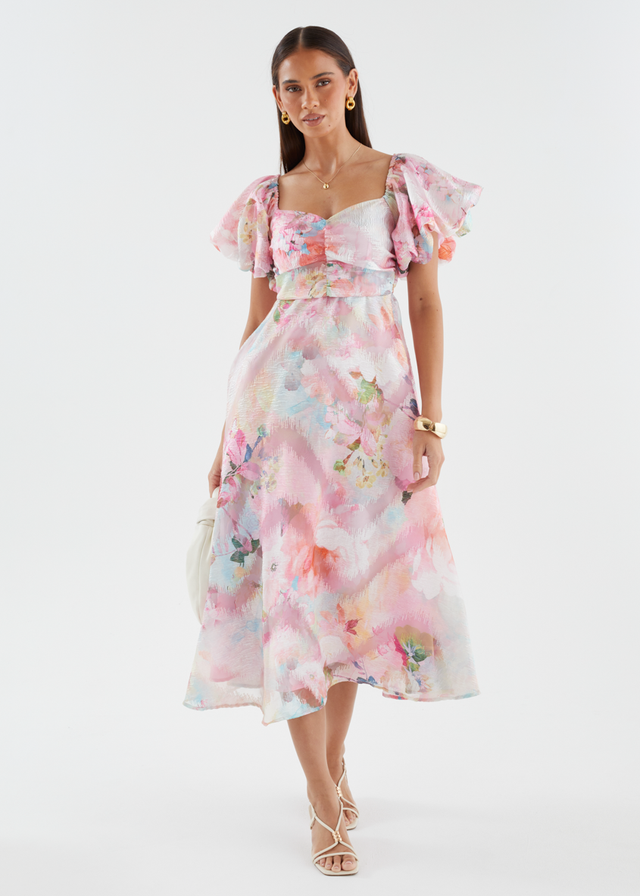 Massie Midi Dress - Pink Watercolour