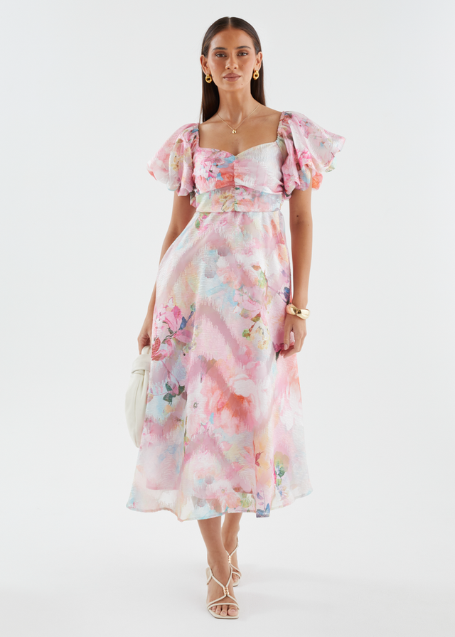 Massie Midi Dress - Pink Watercolour