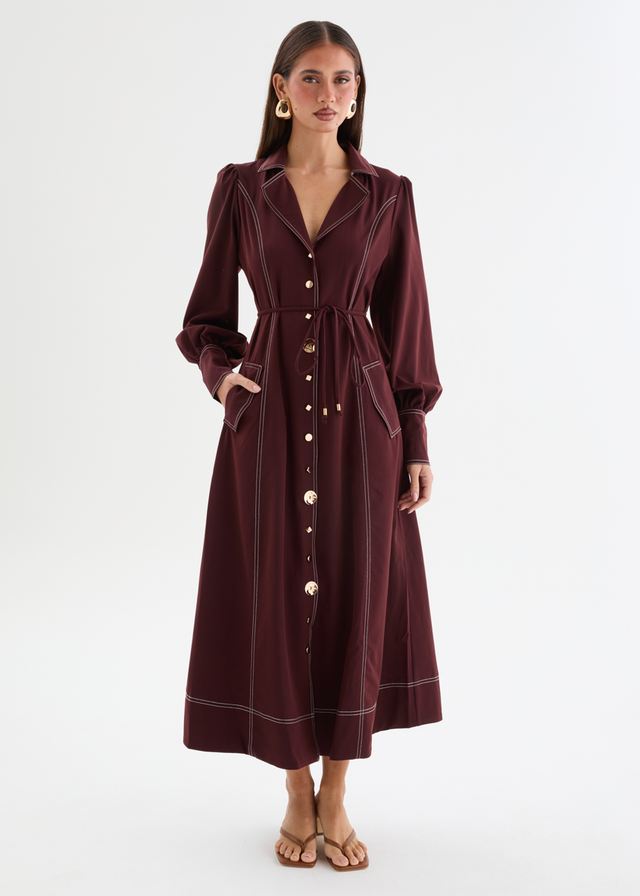 Terena Midi Dress with Tie - Chocolate