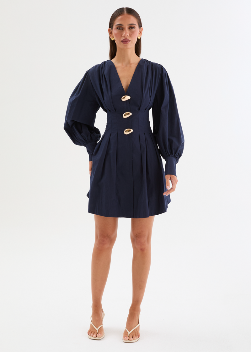 navy blue dress and heels Maira Floral Dark Blue Midi Dress