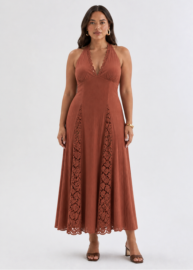 Lilian Lace Halter Midi Dress - Chocolate