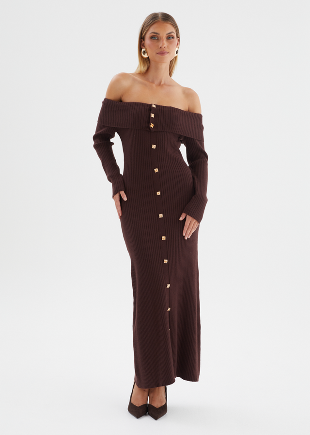 Aloe Off Shoulder Knit Maxi Dress - Chocolate