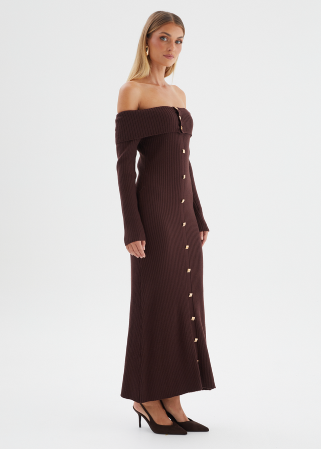 Aloe Off Shoulder Knit Maxi Dress - Chocolate