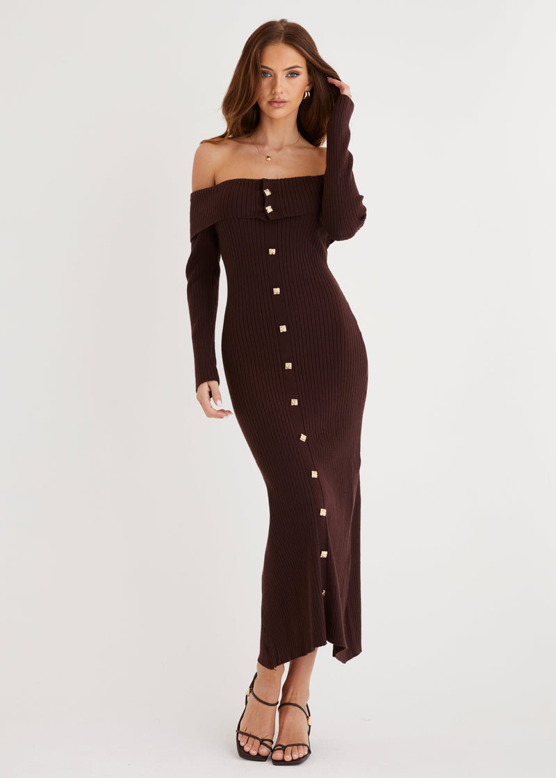 Mazon One-Shoulder Knit Maxi Dress Chocolate
