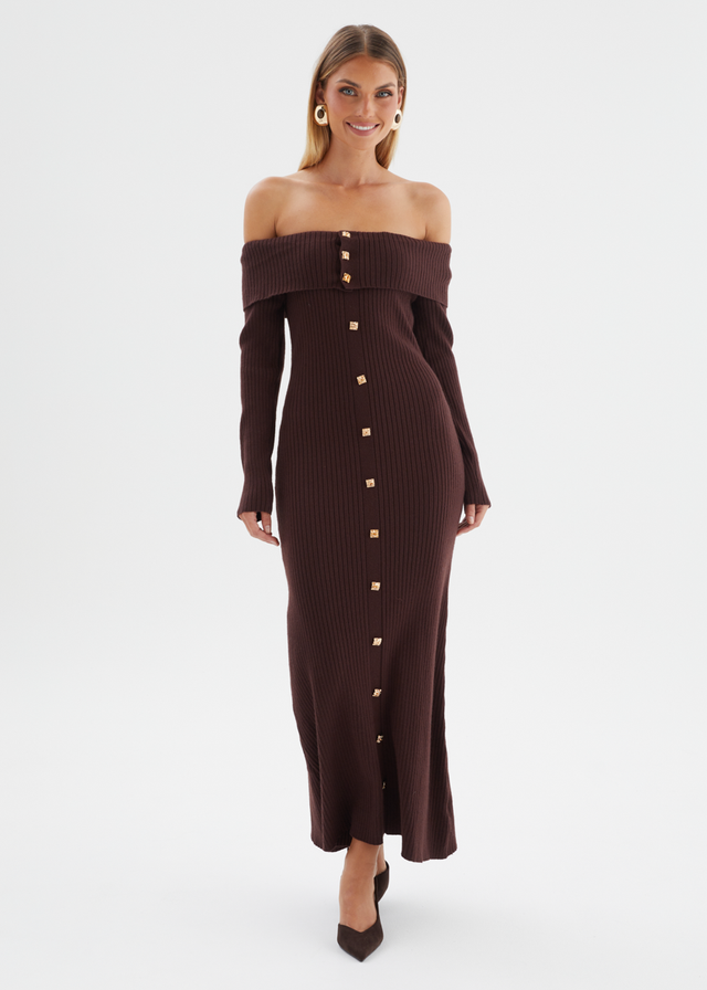 Aloe Off Shoulder Knit Maxi Dress - Chocolate