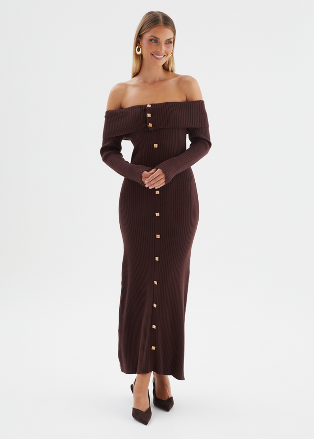 Aloe Off Shoulder Knit Maxi Dress - Chocolate
