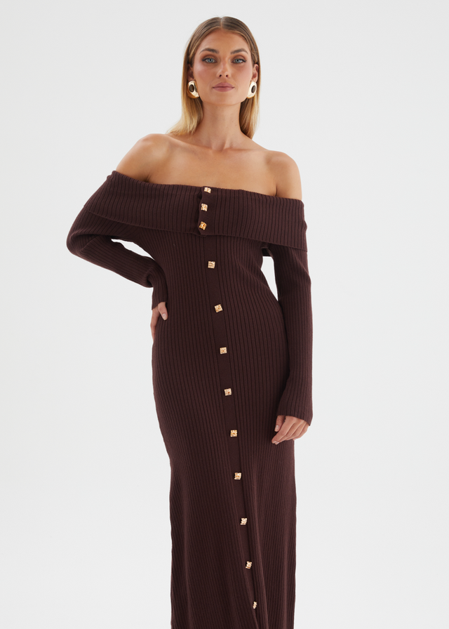 Aloe Off Shoulder Knit Maxi Dress - Chocolate
