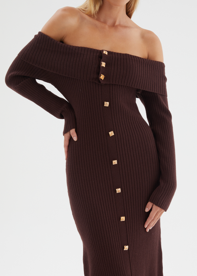 Aloe Off Shoulder Knit Maxi Dress - Chocolate