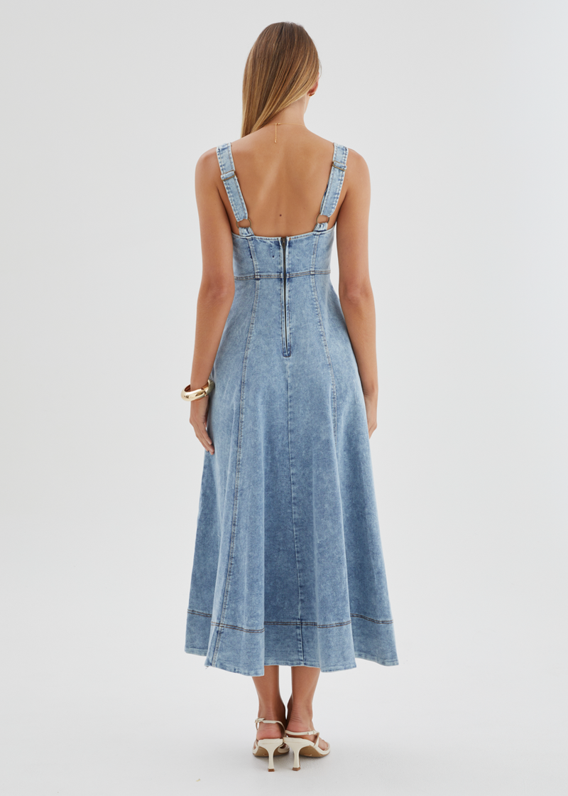 gingham and heels denim dress Deja Denim Midi Dress