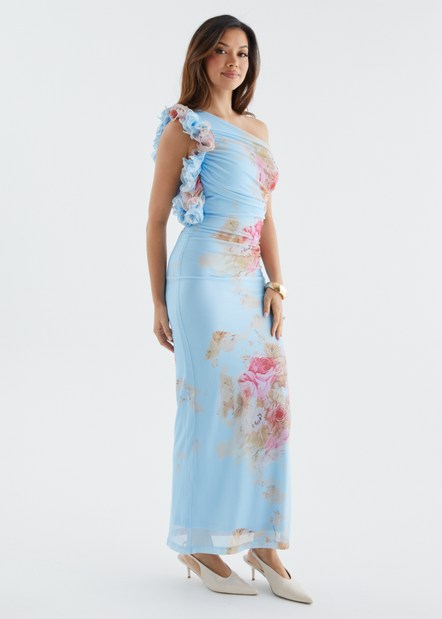 Sia One Shoulder Mesh Maxi Dress - Blue Bouquet