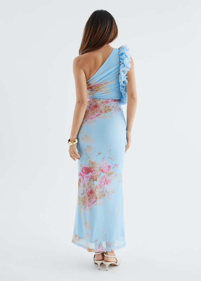 Sia One Shoulder Mesh Maxi Dress - Blue Bouquet