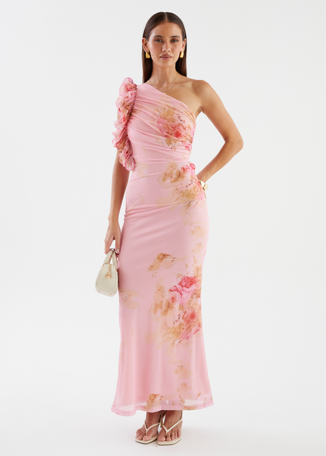 Sia One Shoulder Mesh Maxi Dress - Pink Bouquet