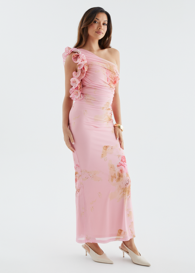 Sia One Shoulder Mesh Maxi Dress - Pink Bouquet