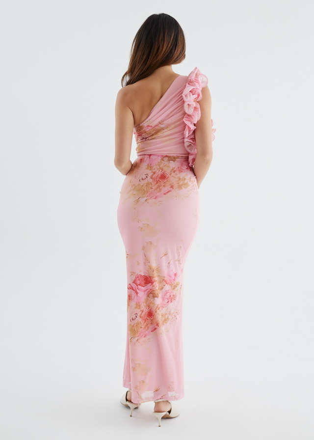 Sia One Shoulder Mesh Maxi Dress - Pink Bouquet