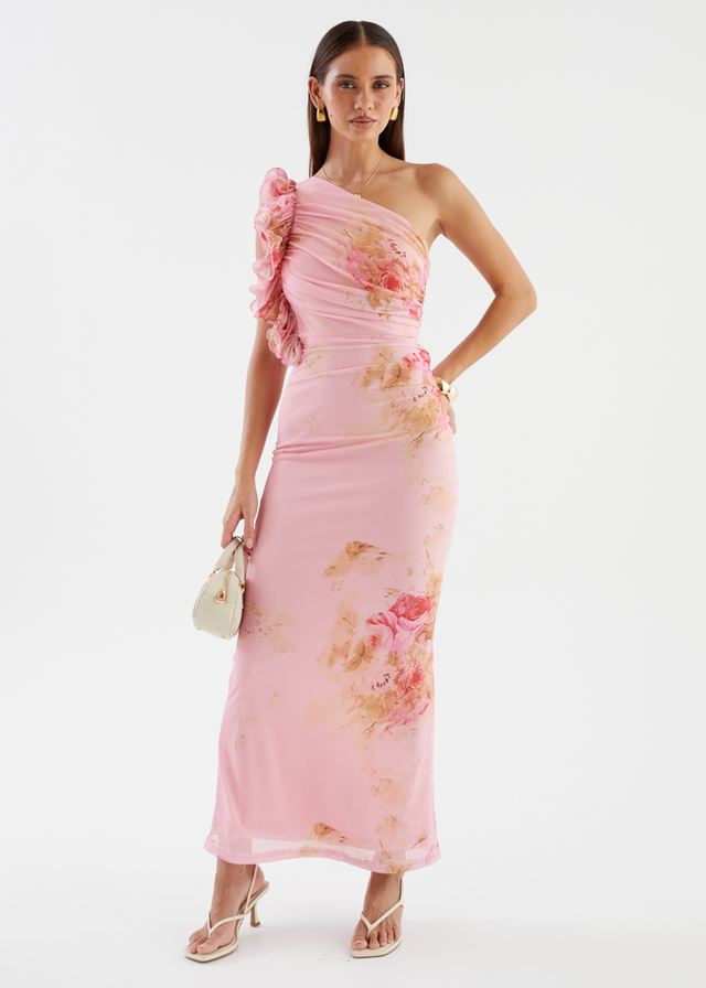 Sia One Shoulder Mesh Maxi Dress - Pink Bouquet
