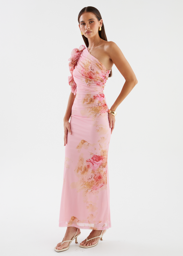 Sia One Shoulder Mesh Maxi Dress - Pink Bouquet