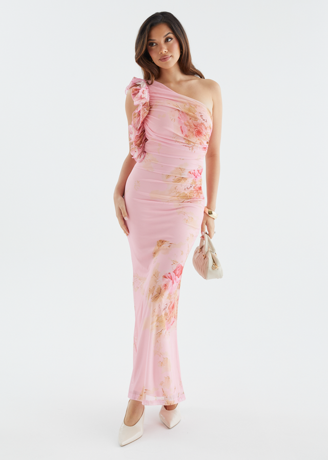 Sia One Shoulder Mesh Maxi Dress - Pink Bouquet