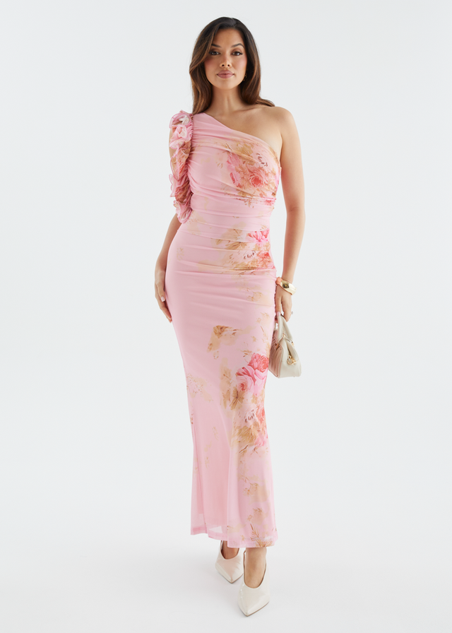 Sia One Shoulder Mesh Maxi Dress - Pink Bouquet