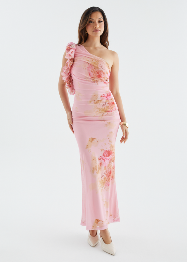 Sia One Shoulder Mesh Maxi Dress - Pink Bouquet