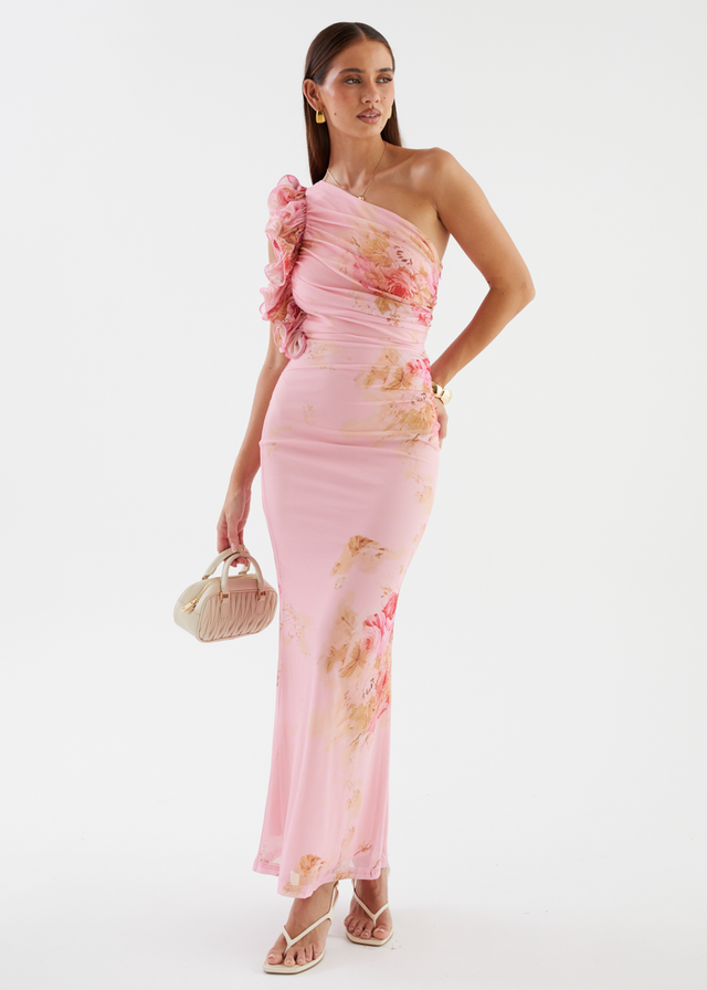 Sia One Shoulder Mesh Maxi Dress - Pink Bouquet