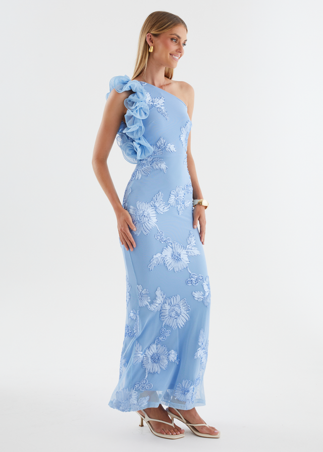 Trilby One Shoulder Mesh Maxi Dress - Blue Floral