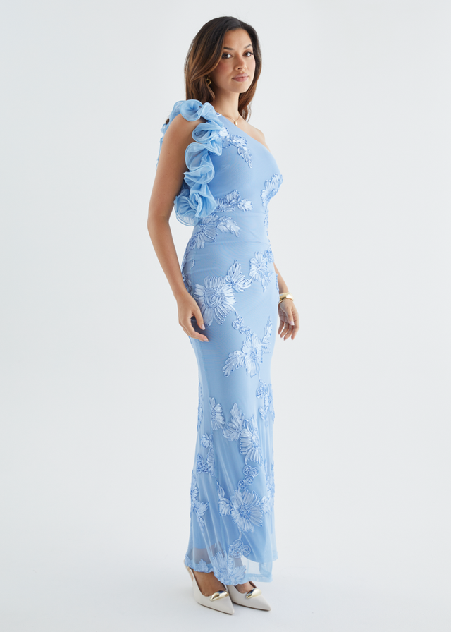 Trilby One Shoulder Mesh Maxi Dress - Blue Floral