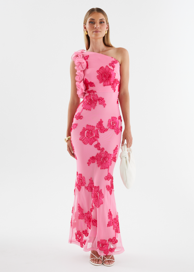 Trilby One Shoulder Mesh Maxi Dress - Pink Floral