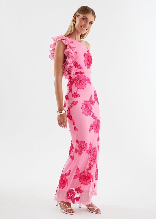 Trilby One Shoulder Mesh Maxi Dress - Pink Floral