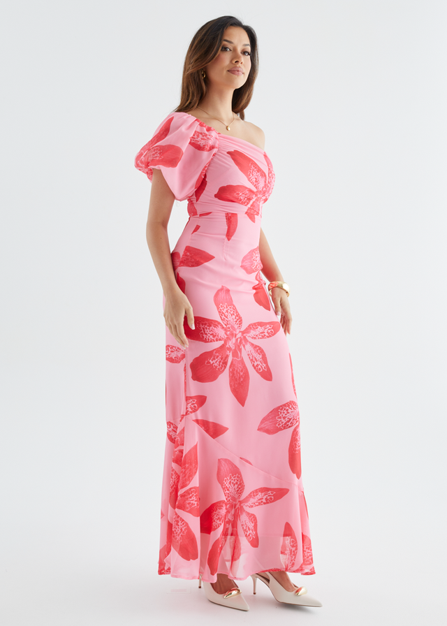 Kiah One Shoulder Maxi Dress - Pink Flowers