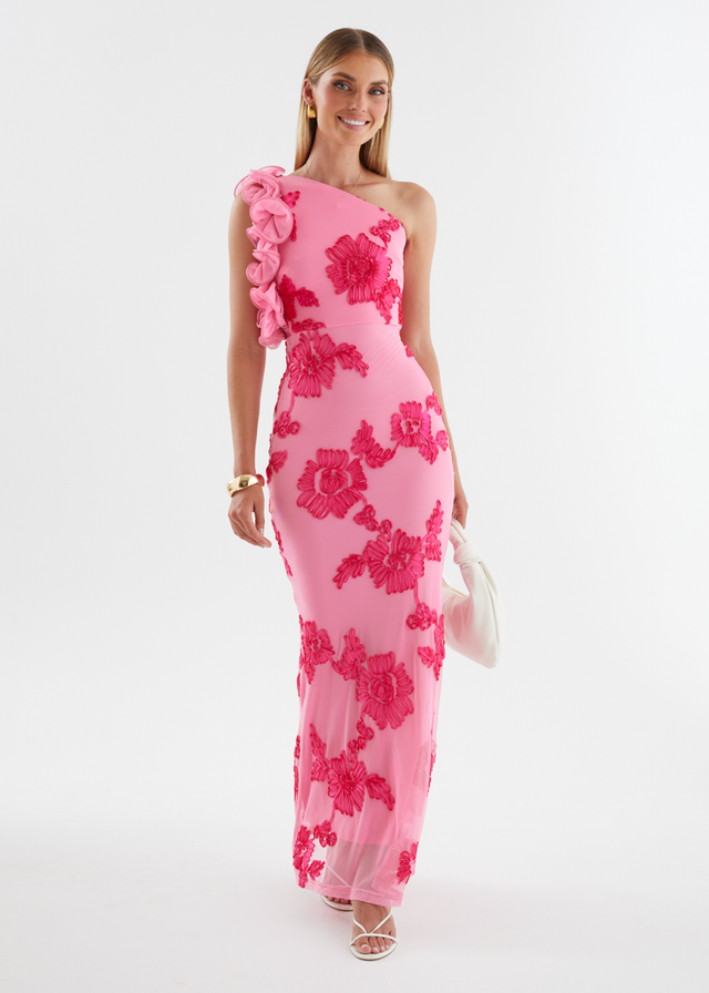Trilby One Shoulder Mesh Maxi Dress - Pink Floral