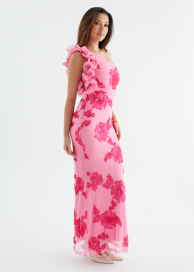 Trilby One Shoulder Mesh Maxi Dress - Pink Floral