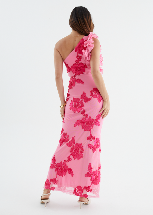 Trilby One Shoulder Mesh Maxi Dress - Pink Floral