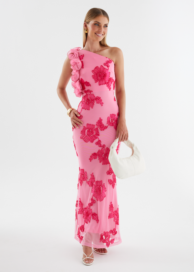 Trilby One Shoulder Mesh Maxi Dress - Pink Floral