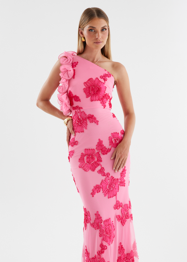 Trilby One Shoulder Mesh Maxi Dress - Pink Floral
