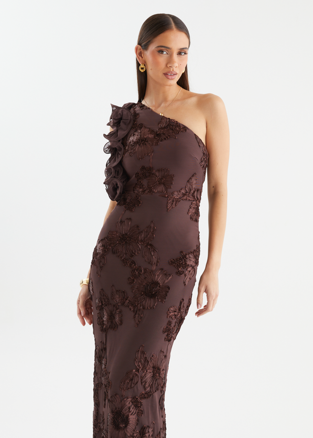 Taysia One Shoulder Mesh Maxi Dress - Chocolate