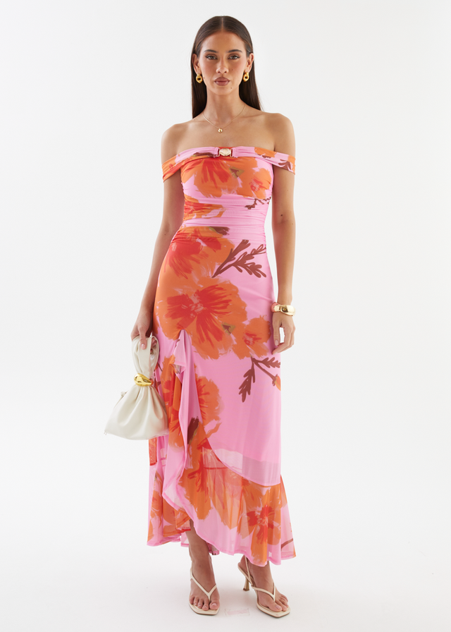 Jiya Off Shoulder Mesh Maxi Dress - Pink Hibiscus